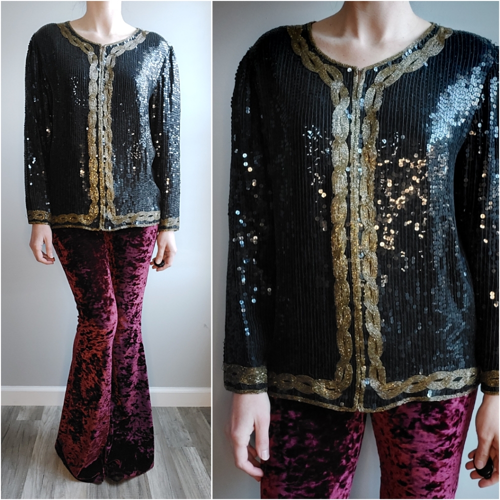Vintage Black Gold Sequin Beaded Long Sleeve Silk Blouse Large